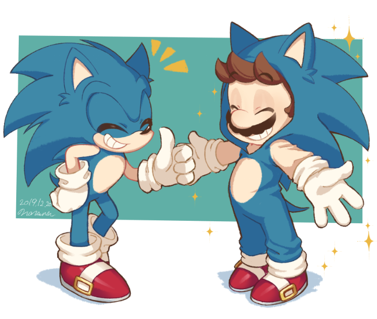 2019 anthro blue_body blue_fur brown_hair clothing cosplay crossover crossover_cosplay dated duo emanata eulipotyphlan eyes_closed facial_hair footwear fur gesture gloves grin hair handwear hedgehog human male mammal mario mario_bros mustache nintendo nonananana shoes simple_background smile sonic_the_hedgehog sonic_the_hedgehog_(series) sparkles standing thumbs_up video_games white_background