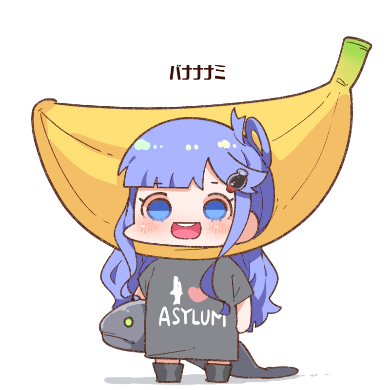 1girl asari_nanami bangs black_footwear black_shirt blue_eyes blue_hair blunt_bangs blush boots chibi clothes_writing eyebrows_visible_through_hair full_body hair_ornament holding idolmaster idolmaster_cinderella_girls long_hair looking_at_viewer open_mouth oversized_clothes oversized_shirt round_teeth shadow shiny shiny_hair shirt short_sleeves simple_background smile solo standing takatoo_kurosuke teeth translated upper_teeth white_background