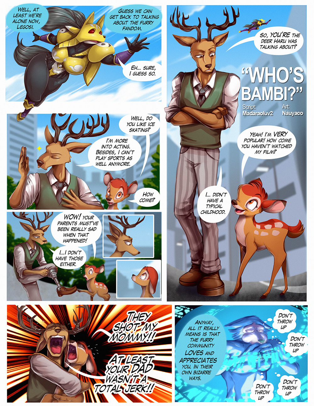 anthro bambi bambi_(film) beastars bodily_fluids canid canine canis cervid comic crying dialogue digimon digimon_(species) disney english_text female feral fox group hi_res hug hybrid legoshi_(beastars) louis_(beastars) male mammal nauyaco prosthetic prosthetic_leg prosthetic_limb renamon tears text wolf