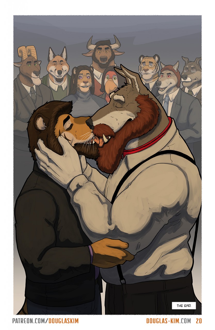 2020 anthro avian beard bovid bovine brother brown_body brown_fur canid canine canis caprine cattle clothing collar comic douglas_kim eyewear facial_hair fangs father felid fox french_kissing fur glasses green_eyes grey_body grey_fur group hair hand_on_face hi_res horn hybrid kissing love male male/male mammal mature_male mustache necktie orange_body orange_eyes orange_fur pantherine parent purple_eyes red_eyes red_hair scarf shirt sibling sister smile stripes suit suspenders teeth text tiger tongue tongue_out topwear url wedding wolfdog yellow_eyes