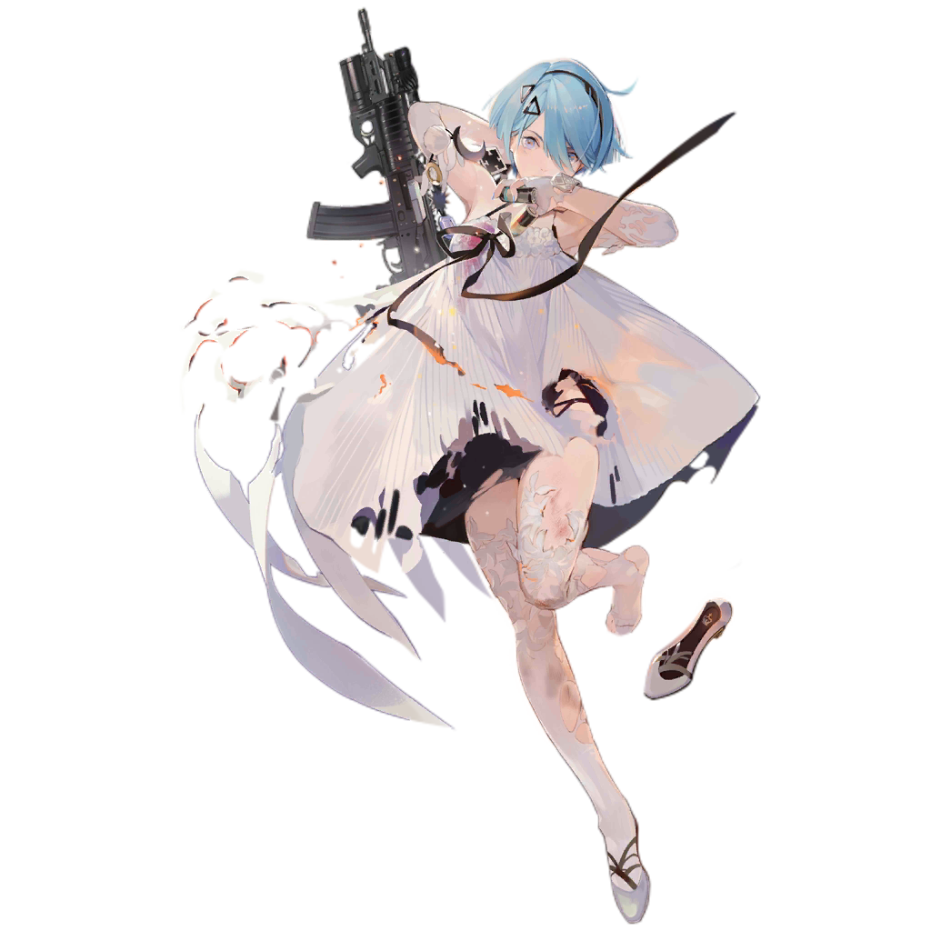 1girl ahoge alternate_costume assault_rifle bangs bare_shoulders black_hairband blue_hair broken_glass dress facing_viewer footwear_removed full_body girls_frontline glass gloves grey_eyes gun hair_between_eyes hair_ornament hair_over_one_eye hairband liquid looking_at_viewer nineo official_art rifle shoes short_hair solo standing standing_on_one_leg thighhighs torn torn_clothes torn_dress torn_legwear transparent_background weapon weapon_on_back white_dress white_footwear white_gloves white_legwear zas_m21_(girls_frontline) zastava_m21