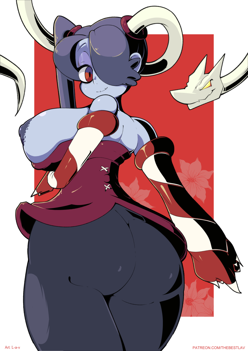2020 areola big_breasts blue_hair breasts clothed clothing digital_media_(artwork) female hair hi_res l-a-v leviathan_(skullgirls) looking_at_viewer nipples not_furry red_eyes skullgirls smile solo squigly undead video_games zombie