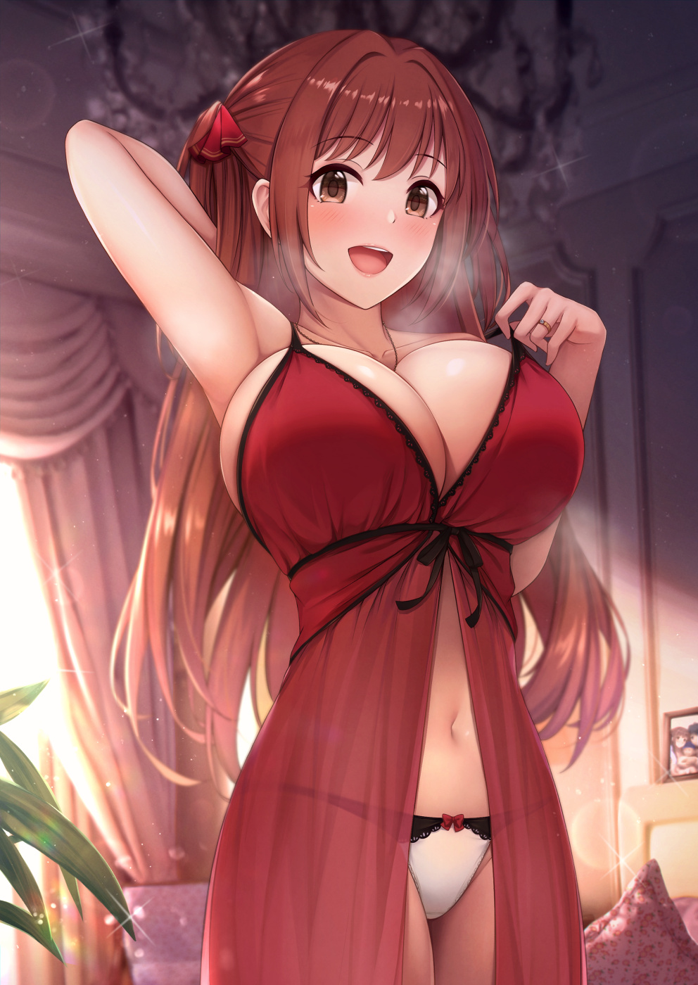 1girl :d arm_behind_head arm_up babydoll bangs blush breasts breath brown_eyes brown_hair chair chandelier cleavage commentary_request curtains eyebrows_visible_through_hair fou_zi hair_ribbon highres huge_breasts indoors large_breasts long_hair navel open_mouth panties photo_(object) pillow plant princess_connect! princess_connect!_re:dive red_ribbon ribbon sakurai_nozomi_(princess_connect) see-through sidelocks smile standing thighs two_side_up underbust underwear white_panties