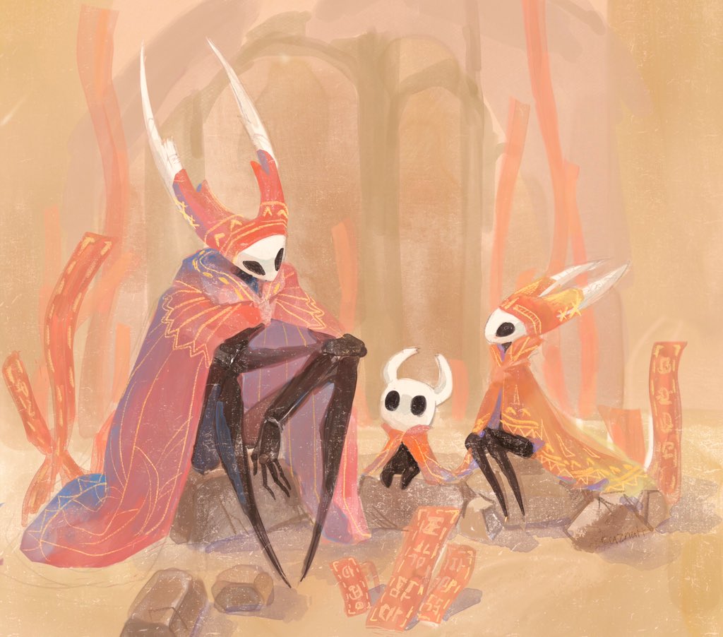 ambiguous_gender anthro arthropod black_body caznalt clothed clothing digital_media_(artwork) featureless_feet female group hollow_knight hollow_knight_(character) hornet_(hollow_knight) insect journey_(game) protagonist_(hollow_knight) simple_background size_difference smaller_female sony_corporation sony_interactive_entertainment team_cherry vessel_(species) video_games