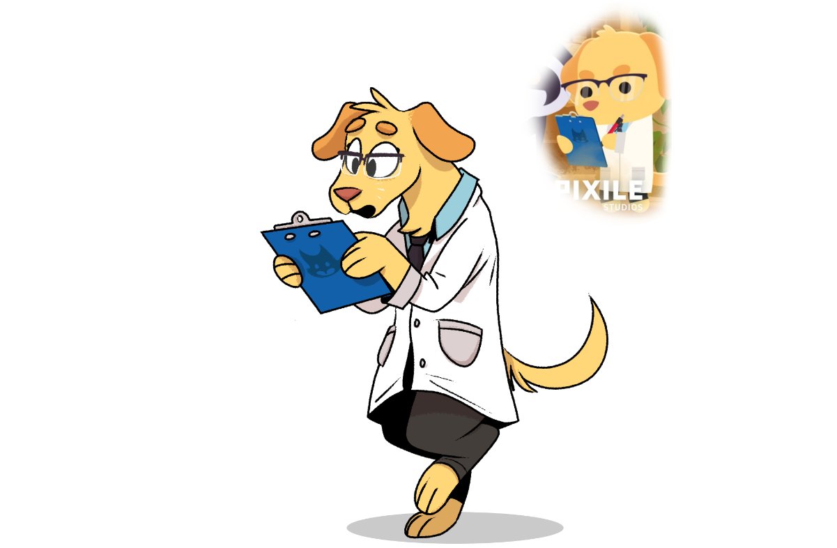 2020 anthro bird_dog black_tie blue_clothing blue_shirt blue_topwear bottomwear canid canine canis clipboard clothing coat domestic_dog dr._jennifer_dogna eyewear female fur glasses golden_retriever holding_clipboard hunting_dog lab_coat mammal necktie pants paws piemations pink_nose retriever shirt simple_background solo super_animal_royale topwear white_background yellow_body yellow_fur