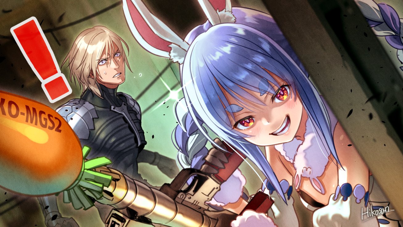 ! 1boy 1girl animal_ear_fluff animal_ears arm_cuffs artist_name black_bodysuit black_gloves black_leotard blonde_hair bodysuit braid breasts bunny_ears bunnysuit carrot clenched_teeth commentary dress evil_smile eyebrows_visible_through_hair fur-trimmed_gloves fur_scarf fur_trim gloves grin hair_between_eyes hikosan20216917 hololive indoors leotard light_blue_hair long_hair looking_at_viewer metal_gear_(series) metal_gear_solid_2 multicolored_hair off-shoulder_dress off_shoulder open_mouth purple_eyes raiden red_eyes rocket_launcher rpg short_hair signature small_breasts smile sneaking_suit sparkle surprised sweat symbol-shaped_pupils teeth thick_eyebrows twin_braids twintails two-tone_hair upper_body usada_pekora virtual_youtuber weapon white_dress white_hair wide-eyed