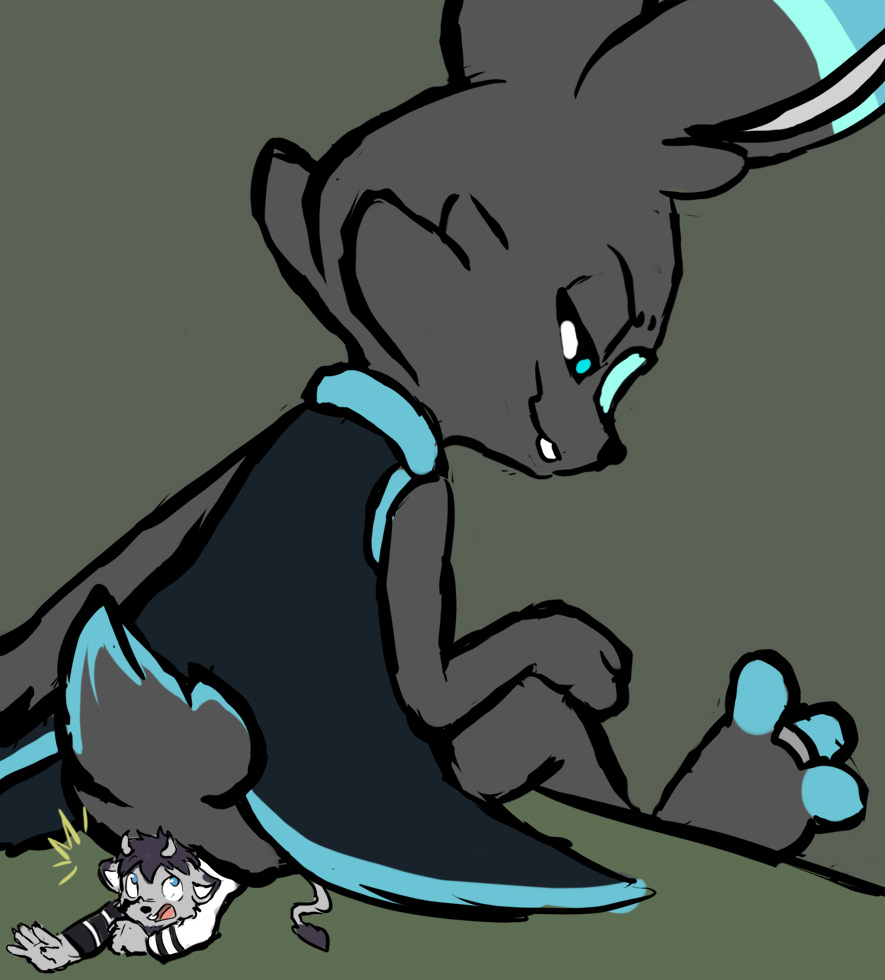 2019 3_toes 5_fingers alternate_color ambiguous_gender anthro black_claws black_nose blue_ears blue_eyes blue_feet blue_tail bottomless buckteeth butt_crush canid canid_demon ceonn claws clothed clothing demon digital_drawing_(artwork) digital_media_(artwork) duo eye_contact fan_character feral fingers flat_colors grey_ears grey_feet grey_hands grey_horn grey_tail half-closed_eyes hellhound horn larger_ambiguous larger_feral looking_at_another macro mammal micro micro_abuse micro_on_macro muhny narrowed_eyes nintendo open_mouth pink_tongue pok&eacute;mon pok&eacute;mon_(species) scorbunny seolfyr simple_background sitting sitting_on_person size_difference smaller_ambiguous smaller_anthro teeth toes tongue video_games