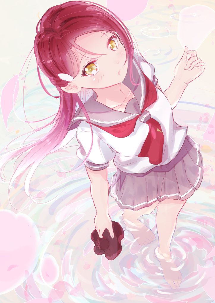 1girl 493water bare_legs barefoot breasts cherry_blossoms collarbone hair_ornament hairclip holding holding_shoes long_hair looking_at_viewer love_live! love_live!_sunshine!! neckerchief pleated_skirt red_hair red_neckwear ripples sailor_collar sakurauchi_riko school_uniform shoes skirt small_breasts solo walking walking_on_liquid water yellow_eyes