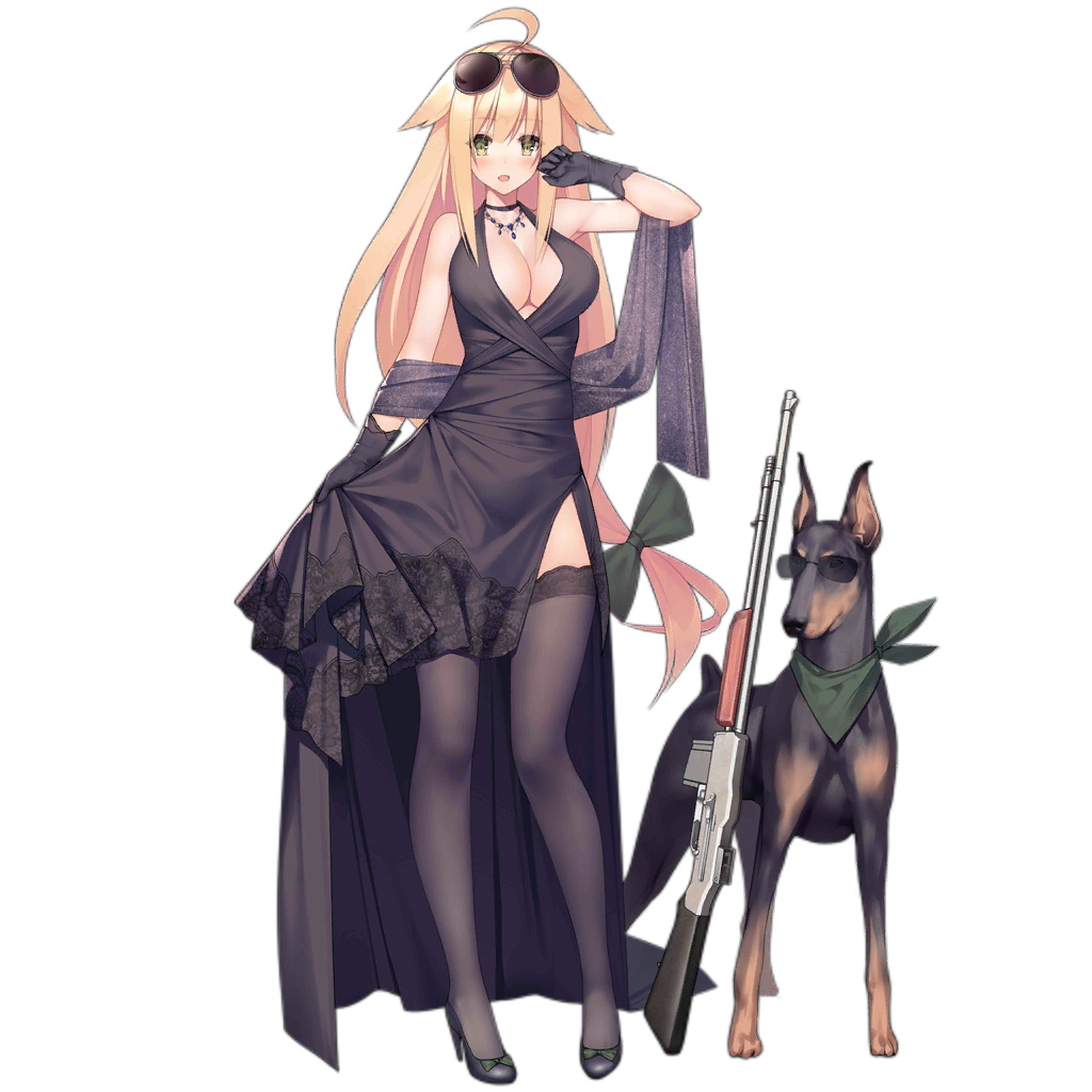 1girl ahoge alternate_costume animal aviator_sunglasses blonde_hair blush breasts choker cleavage doberman dog dress eyewear_on_head formal full_body girls_frontline gloves green_eyes gun high_heels jewelry large_breasts long_hair low-tied_long_hair m1918_bar m1918_bar_(girls_frontline) machine_gun necklace official_art smile standing suisai sunglasses thighhighs transparent_background very_long_hair weapon