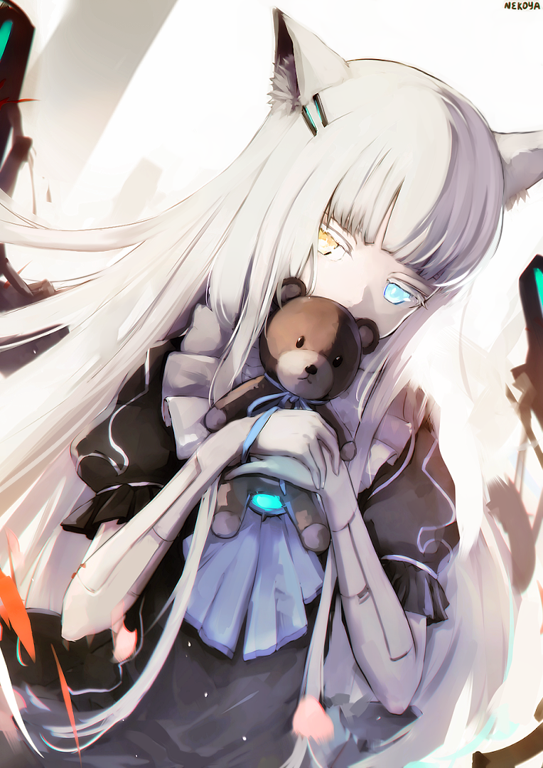 1girl android animal_ear_fluff animal_ears black_dress blue_eyes blue_neckwear brown_eyes cat_ears colored_eyelashes commentary_request dress dutch_angle dyolf glowing grey_hair hair_ornament hairclip hands_up heterochromia holding holding_stuffed_animal long_hair mecha_musume original puffy_short_sleeves puffy_sleeves romaji_commentary short_sleeves signature solo stuffed_animal stuffed_toy teddy_bear upper_body very_long_hair