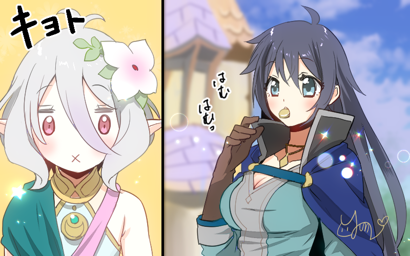 :x artist_request black_hair blue_eyes breasts cape cleavage coin eating elf flower genderswap genderswap_(mtf) gloves hair_flower hair_ornament jewelry kokkoro_(princess_connect!) long_hair necklace pointy_ears princess_connect! princess_connect!_re:dive red_eyes short_hair white_hair yuuki_(princess_connect)