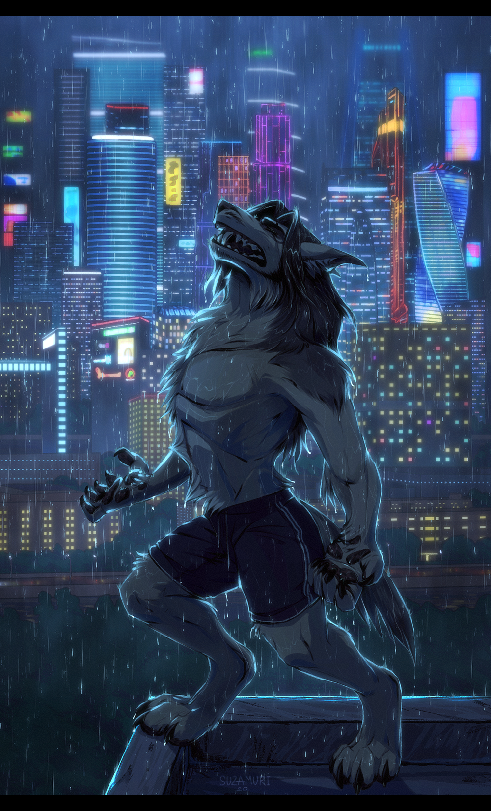 2020 4_toes 5_fingers anthro barefoot black_bars canid canine canis city clothed clothing detailed_background digital_media_(artwork) digitigrade fingers fur grey_body grey_fur hi_res male mammal night outside rainig solo suzamuri toes topless wolf