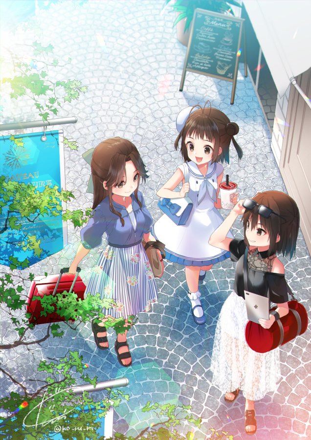 3girls alternate_costume antenna_hair bag bangs black_footwear blue_footwear bow brown_eyes brown_hair bubble_tea cup day disposable_cup double_bun dress eyewear_on_head floral_print frilled_dress frills from_above hair_bow holding jintsuu_(kantai_collection) kantai_collection koruri long_hair multiple_girls naka_(kantai_collection) open_mouth open_toe_shoes outdoors plant potted_plant sendai_(kantai_collection) shirt short_hair shoulder_bag sign signature skirt smile socks suitcase sunglasses tablet_pc twitter_username white_legwear