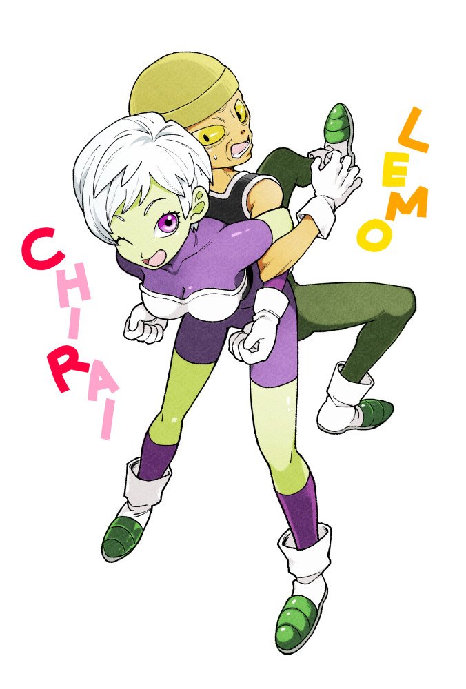 1boy 1girl ;d armor back-to-back bike_shorts boots breasts character_name cheelai cleavage clenched_hands collarbone d: dragon_ball dragon_ball_super_broly eyelashes from_above full_body gloves green_legwear hat leaning leaning_forward legs_apart legs_up lemo_(dragon_ball) lifted_by_another lifting lifting_person locked_arms looking_at_another looking_back medium_breasts meta_dbz nervous one_eye_closed open_mouth purple_eyes purple_legwear shaded_face short_hair simple_background smile standing sweatdrop teeth very_short_hair white_background white_footwear white_gloves white_hair