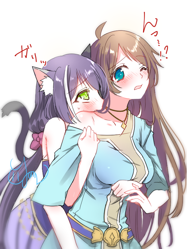 animal_ears biting blue_eyes breasts brown_hair cat_ears cat_girl cat_tail clothes_pull collarbone genderswap genderswap_(mtf) grabbing grabbing_from_behind green_eyes kyaru_(princess_connect) long_hair multicolored_hair princess_connect! princess_connect!_re:dive purple_hair skirt sleeveless streaked_hair tail yumineko yuri yuuki_(princess_connect)