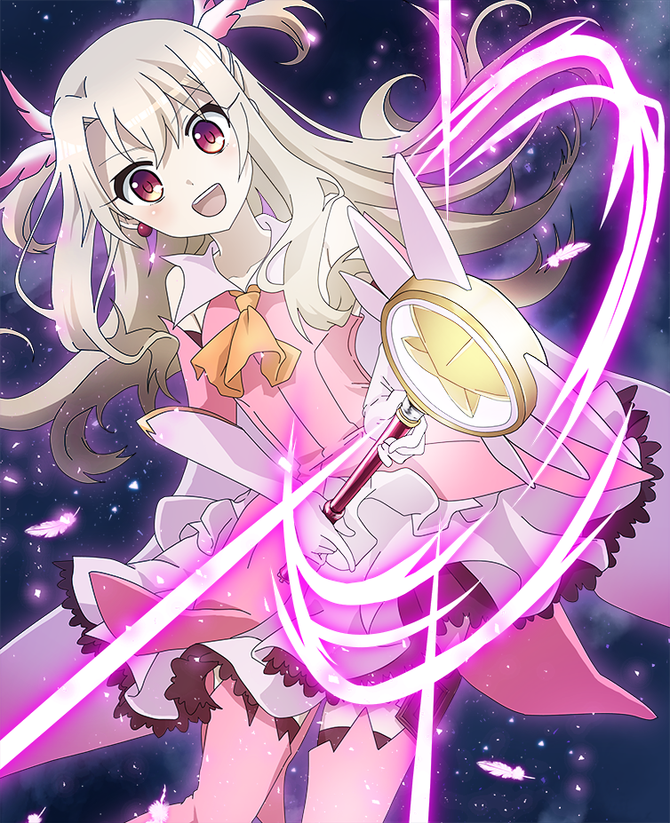 1girl :d akakanen detached_sleeves earrings eyebrows_visible_through_hair fate/kaleid_liner_prisma_illya fate_(series) floating_hair frilled_skirt frills gloves hair_between_eyes holding holding_staff illyasviel_von_einzbern jewelry leaning_to_the_side long_hair looking_at_viewer magical_girl open_mouth pink_feathers pink_shirt pink_sleeves pleated_skirt red_eyes shiny shiny_hair shirt silver_hair skirt sky sleeveless sleeveless_shirt smile solo staff star_(sky) starry_sky very_long_hair white_gloves white_skirt