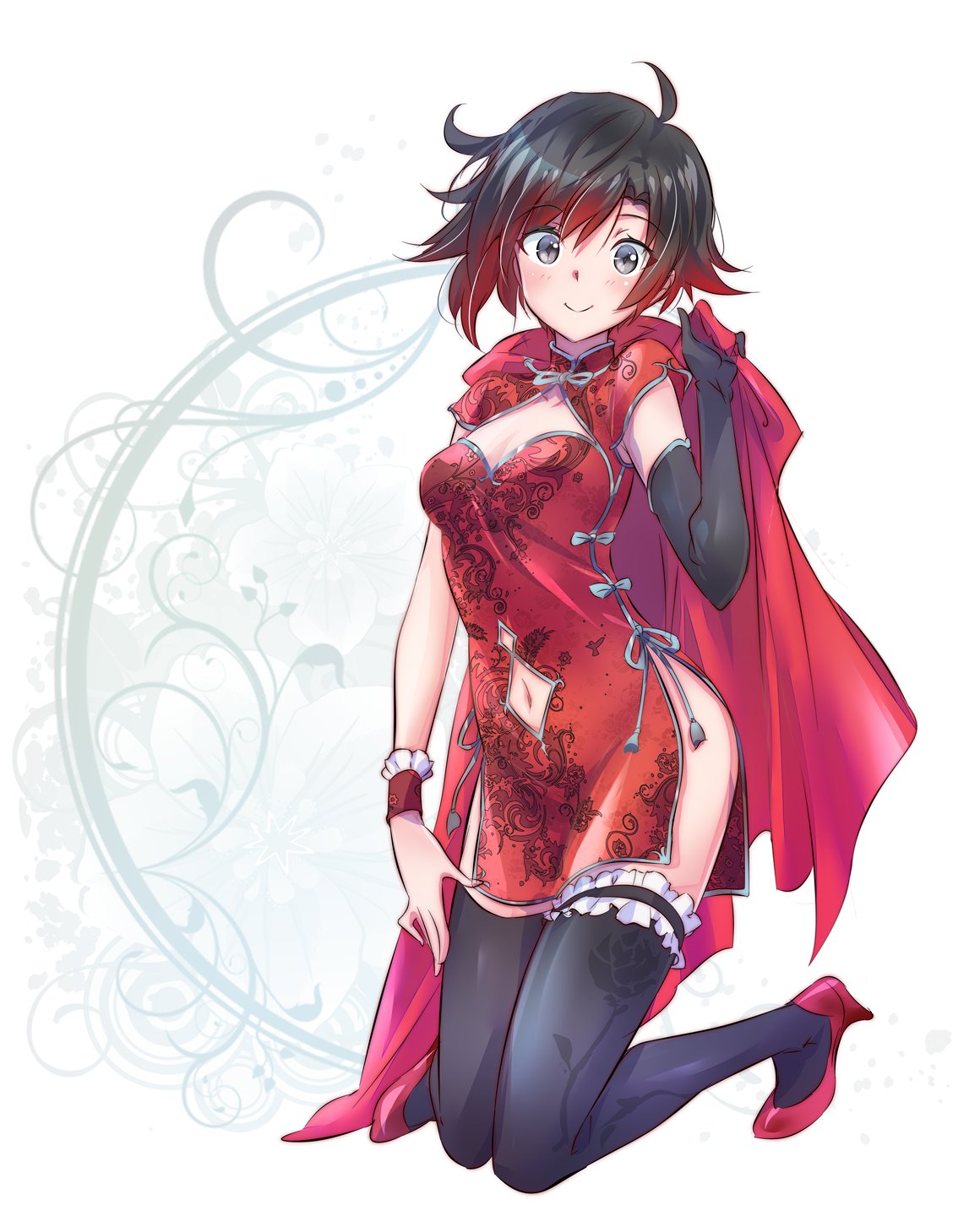 1girl antenna_hair bangs black_eyes black_gloves black_legwear blush breasts china_dress chinese_clothes cleavage cleavage_cutout dress elbow_gloves eyebrows_visible_through_hair floral_print frill_trim full gloves high_heels highres iesupa kneeling looking_at_viewer multicolored_hair red_dress red_footwear ruby_rose rwby short_hair short_sleeves single_glove small_breasts smile solo thighhighs traditional_clothes two-tone_hair wristband