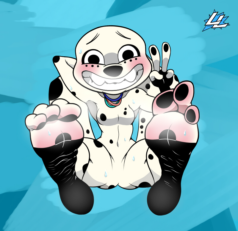 101_dalmatian_street 101_dalmatians 3_toes blush canid canine canis dalmatian disney dolly_(101_dalmatians) domestic_dog featureless_crotch female foot_fetish gesture lazzylad looking_at_viewer mammal musk paws smelly smile solo toes v_sign