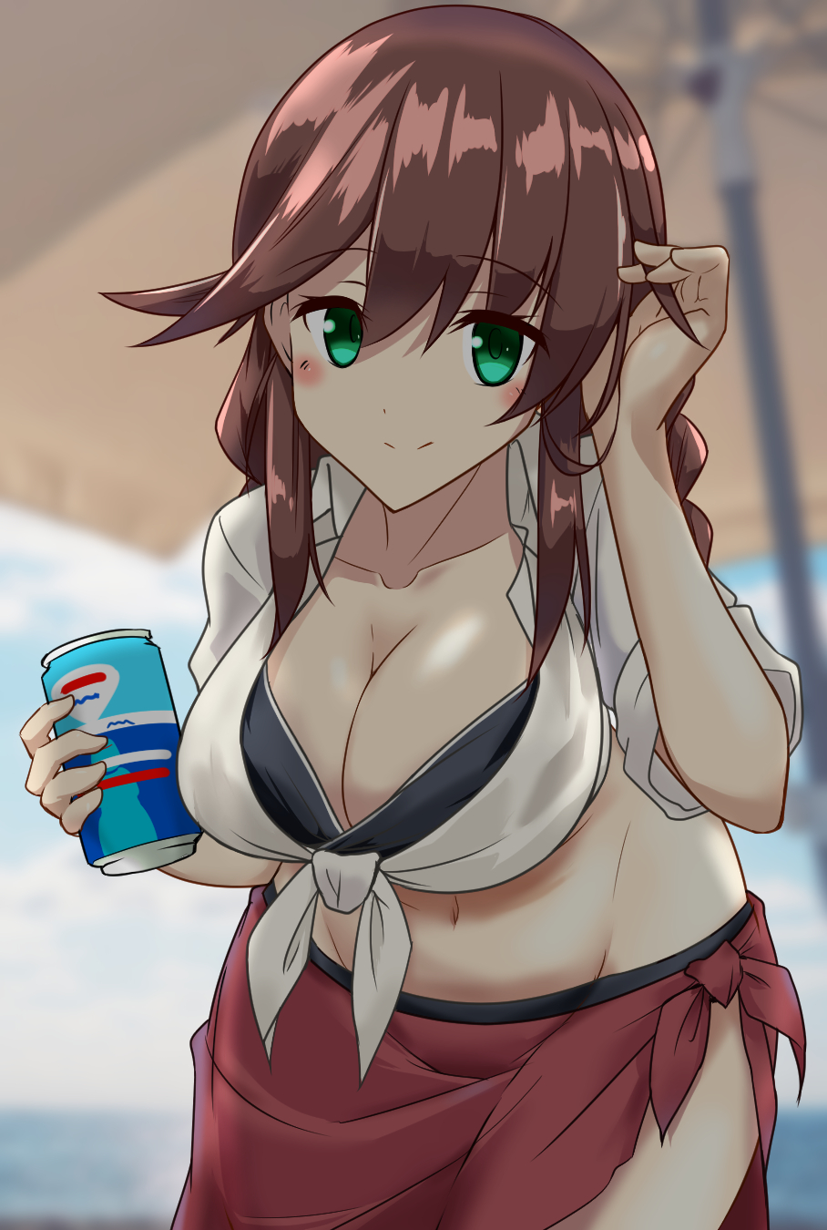 1girl bangs blush braid breasts brown_hair can cleavage eyebrows_visible_through_hair green_eyes highres holding holding_can kantai_collection large_breasts looking_at_viewer midriff navel noshiro_(kantai_collection) shiba_(zudha) smile solo swept_bangs swimsuit twin_braids