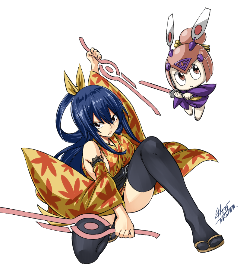 1girl bangs black_legwear blue_hair bow detached_sleeves dual_wielding eden's_zero frown hair_between_eyes hair_bow holding holding_sword holding_weapon homura_kogetsu japanese_clothes kimono leaf_print long_hair long_sleeves looking_at_viewer mashima_hiro official_art one_knee pino_(eden's_zero) print_kimono print_sleeves shiny shiny_hair short_kimono signature simple_background sleeveless sleeveless_kimono sword tabi thighhighs very_long_hair weapon white_background wide_sleeves yellow_bow yellow_kimono yellow_sleeves