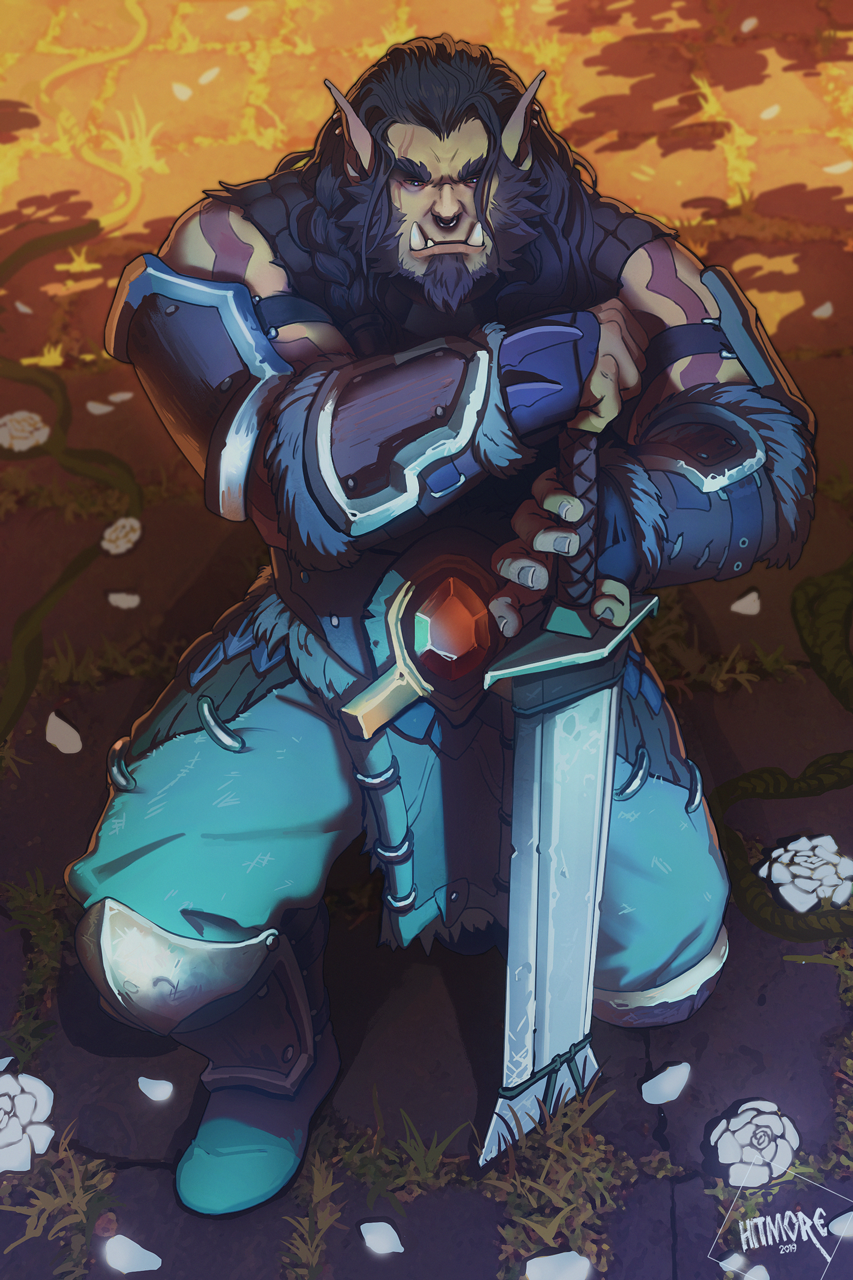 5_fingers armor blizzard_entertainment clothed clothing detailed_background digital_media_(artwork) fingers flower green_body green_skin hair hi_res hitmore holding_object holding_weapon humanoid kneeling male melee_weapon orc piercing plant solo sword teeth video_games warcraft weapon