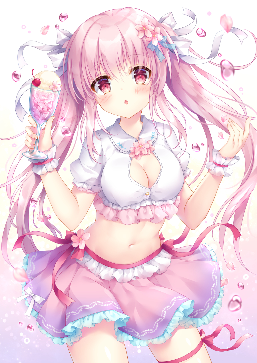 1girl :o bangs blush breasts cherry cherry_blossoms cleavage cleavage_cutout cowboy_shot crop_top cup eyebrows_visible_through_hair food frilled_skirt frilled_sleeves frills fruit gradient gradient_background hair_ribbon hands_up highres holding holding_cup ice ice_cream ice_cube kohinata_hoshimi long_hair looking_at_viewer medium_breasts miniskirt navel open_mouth original petals pink_hair pink_ribbon pink_skirt pink_theme purple_eyes ribbon short_sleeves sidelocks skirt solo stomach thigh_strap twintails very_long_hair w_arms white_background white_ribbon wrist_cuffs