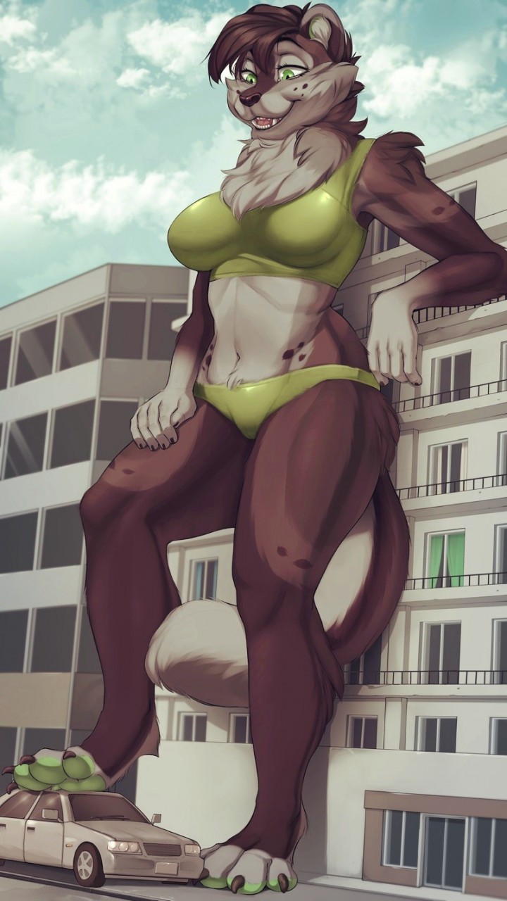 9:16 anthro bra breasts brown_body brown_fur brown_hair building car chest_tuft clothing deymos eris felid female fur green_clothing green_eyes green_pawpads hair hi_res leaning leopard looking_down macro mammal multicolored_body multicolored_fur outside pantherine pawpads paws smile solo spots stomping tuft underwear vehicle
