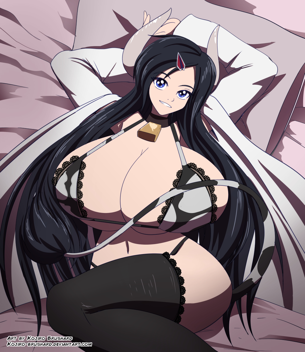 accessory animal_humanoid bed big_breasts black_hair blue_eyes bovid bovid_humanoid bovine bovine_humanoid bra breasts cleavage clothed clothing cowbell female furniture hair hair_accessory hairpin hi_res huge_breasts humanoid kojiro-brushard lessien looking_at_viewer mammal mammal_humanoid panties pillow solo underwear wide_hips