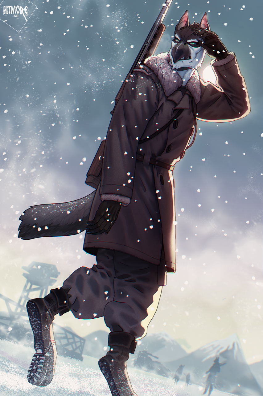 5_fingers anthro beak clothed clothing detailed_background digital_media_(artwork) fingers group gun hi_res hitmore hybrid male outside ranged_weapon sky snow snowing solo_focus weapon