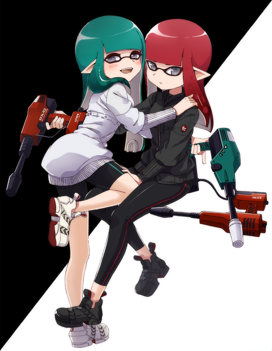 1girl bangs bike_shorts black_footwear black_jacket black_legwear black_shorts blunt_bangs blunt_ends closed_mouth commentary domino_mask dualie_squelcher_(splatoon) fangs green_hair grey_eyes grey_jacket half-closed_eyes hand_on_another's_shoulder hand_on_another's_thigh holding holding_weapon inkling invisible_chair jacket jet_squelcher_(splatoon) knee_up leaning_forward leggings light_frown logo long_hair looking_at_viewer looking_back mask open_mouth pointy_ears red_hair shoes shorts single_vertical_stripe sitting smile sneakers solo splatoon_(series) splatoon_2 standing straddling takeko_spla tentacle_hair weapon white_footwear