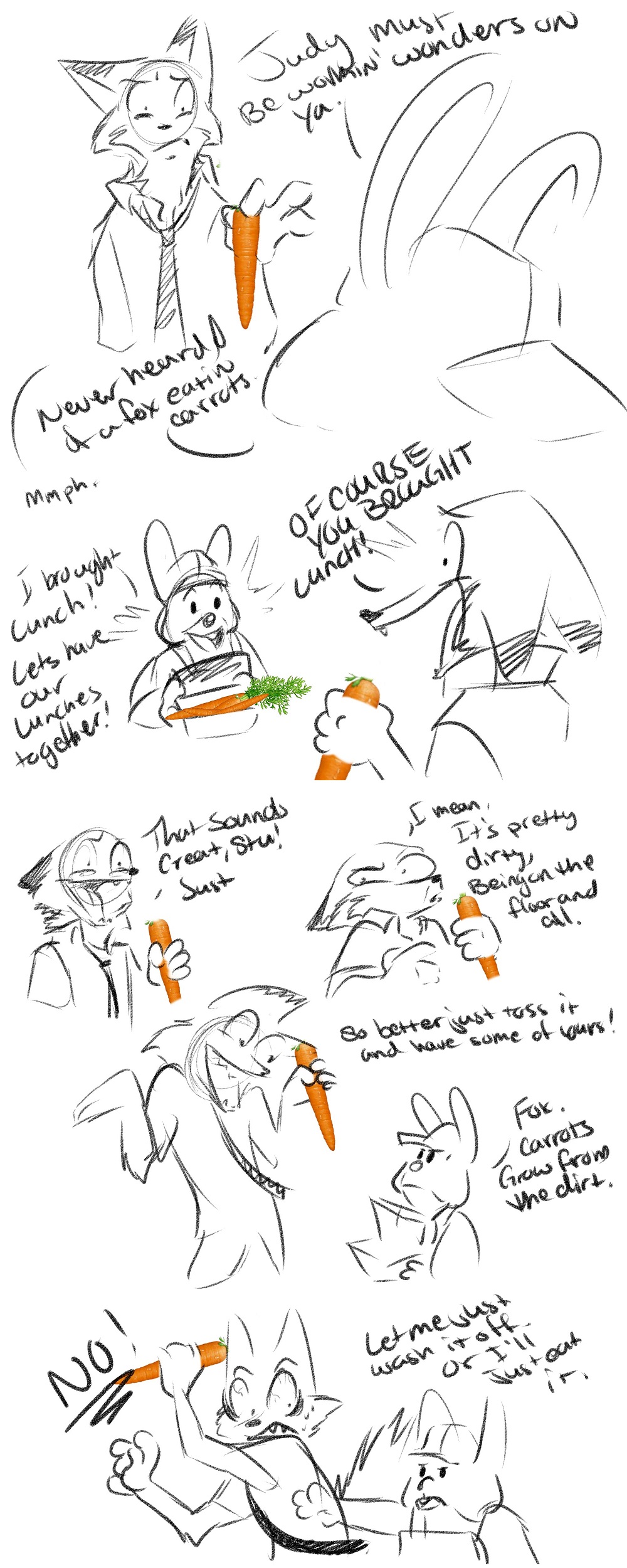 2018 absurd_res anthro canid canine carrot clothing comic dialogue disney duo english_text food fox fur hat headgear headwear hi_res holding_food holding_object iji lagomorph leporid mammal nick_wilde plant rabbit red_fox stu_hopps text vegetable zootopia
