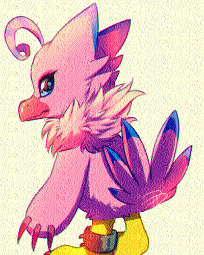 avian beak biyomon blue_eyes blue_markings claws digimon digimon_(species) feathers female jackybunnybun looking_back low_res markings pink_body pink_feathers red_claws ring semi-anthro solo toe_claws traditional_media_(artwork) tuft