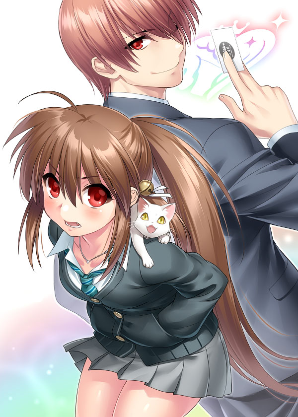 1boy 1girl back-to-back black_jacket brother_and_sister brown_hair card cat commentary_request cosplay cowboy_shot formal green_neckwear grey_skirt hair_over_one_eye hands_in_pockets idolmaster idolmaster_cinderella_girls jacket lennon little_busters! long_hair namesake natsume_kyousuke natsume_rin necktie pleated_skirt ponytail producer_(idolmaster_cinderella_girls_anime) producer_(idolmaster_cinderella_girls_anime)_(cosplay) red_eyes school_uniform shibuya_rin shibuya_rin_(cosplay) siblings skirt striped striped_neckwear suit zen