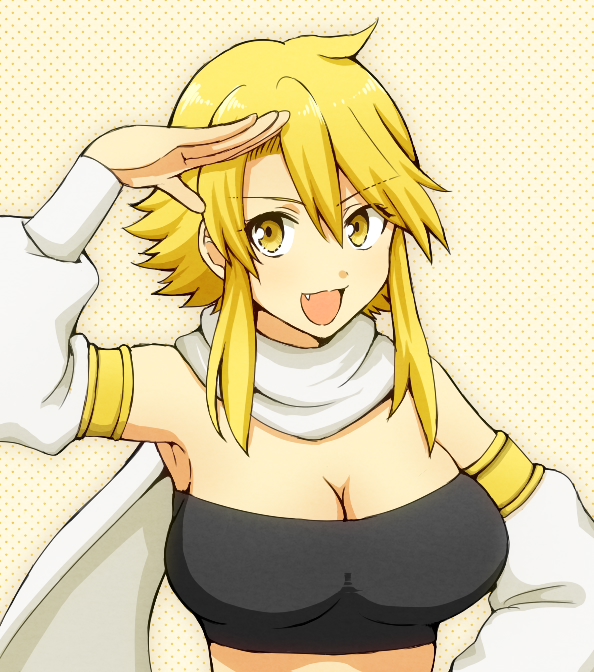 1girl :d akame_ga_kill! bandeau bangs blonde_hair breasts cleavage detached_sleeves eyebrows_visible_through_hair fang hair_between_eyes koroni_(nkrgs) large_breasts leone long_sleeves looking_at_viewer open_mouth scarf shiny shiny_hair short_hair_with_long_locks sidelocks smile solo upper_body white_background white_scarf white_sleeves yellow_eyes