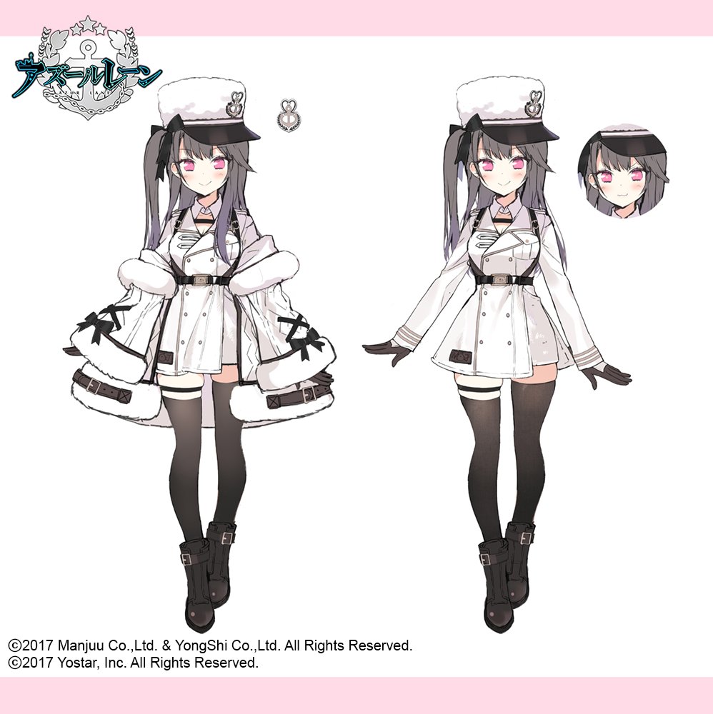 1girl azur_lane bangs black_gloves black_hair black_legwear blush breasts byulzzimon coat commentary_request concept_art eyebrows_visible_through_hair fur_trim gloves hat long_hair long_sleeves looking_at_viewer official_art pamiat_merkuria_(azur_lane) purple_eyes shirt smile solo thighhighs white_headwear