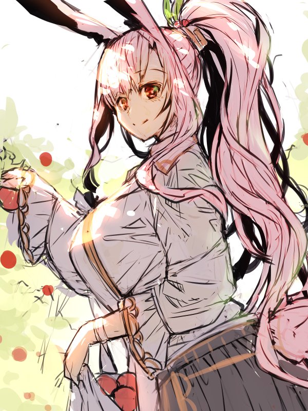 1girl animal_ears apple blush breasts bunny_ears closed_mouth collared_dress commentary_request dress food fruit hair_ornament high_ponytail holding holding_food holding_fruit long_hair long_sleeves medium_breasts original pink_hair ponytail puffy_long_sleeves puffy_sleeves red_apple red_eyes sidelocks sketch smile solo very_long_hair white_dress wide_sleeves yuuji_(yukimimi)