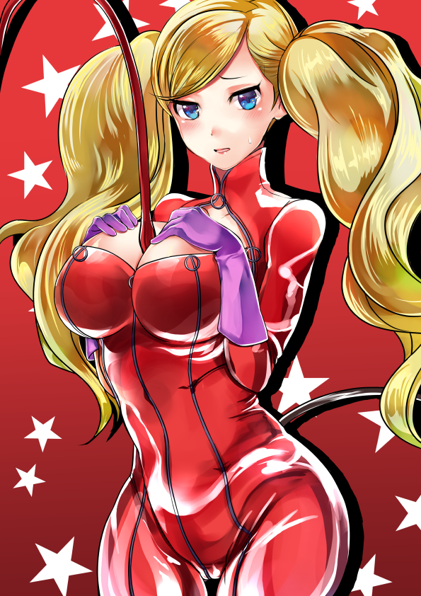 1girl bangs between_breasts blonde_hair blue_eyes blush bodysuit breast_suppress breasts cheri_shi cleavage cleavage_cutout cowboy_shot fake_tail full-length_zipper gloves large_breasts long_hair looking_at_viewer parted_lips persona persona_5 pink_gloves red_background red_bodysuit solo star swept_bangs tail takamaki_anne twintails whip zipper