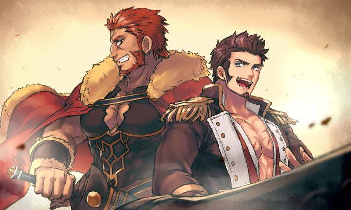 01rosso 2boys abs armor bara beard blue_eyes brown_hair cape chest epaulettes facial_hair fate/grand_order fate_(series) fighting_stance huge_weapon leather long_sleeves looking_at_another male_focus multiple_boys muscle napoleon_bonaparte_(fate/grand_order) open_clothes open_mouth pectorals red_eyes red_hair rider_(fate/zero) scar sideburns simple_background smile smirk sword weapon
