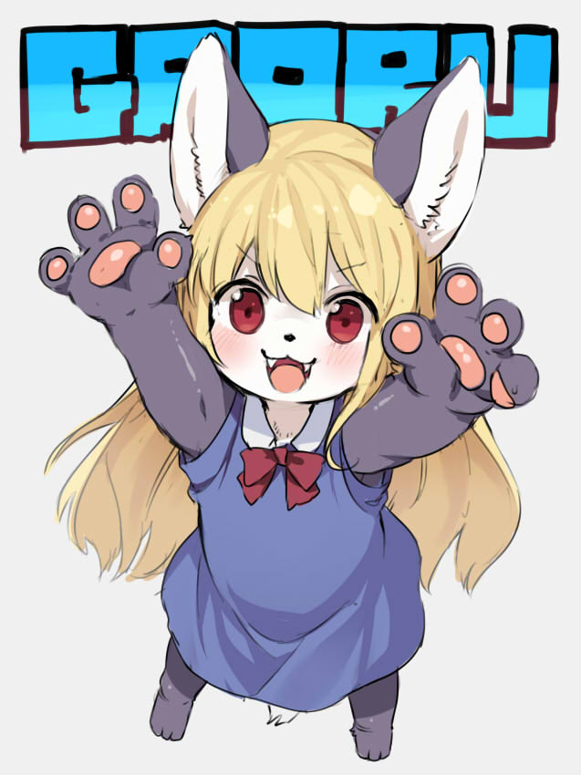 1girl akuma_gaoru animal_ears arms_up blonde_hair blush bow cat cat_ears cat_girl cat_tail child commentary_request fangs full_body furry kishibe long_hair looking_at_viewer pawpads red_bow red_eyes solo standing tail