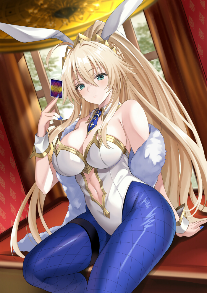 1girl ahoge animal_ears artoria_pendragon_(all) bangs bare_shoulders between_fingers blue_legwear blue_nails blue_neckwear blush braid breasts bunny_ears bunnysuit card chandelier character_request cleavage closed_mouth commentary_request detached_collar eyebrows_visible_through_hair fake_animal_ears fate/grand_order fate_(series) green_eyes hair_between_eyes harimoji high_ponytail highleg highleg_leotard holding holding_card indoors large_breasts leotard long_hair looking_at_viewer nail_polish navel navel_cutout necktie pantyhose shawl sidelocks sitting solo straight_hair strapless strapless_leotard thigh_strap very_long_hair white_leotard window wrist_cuffs
