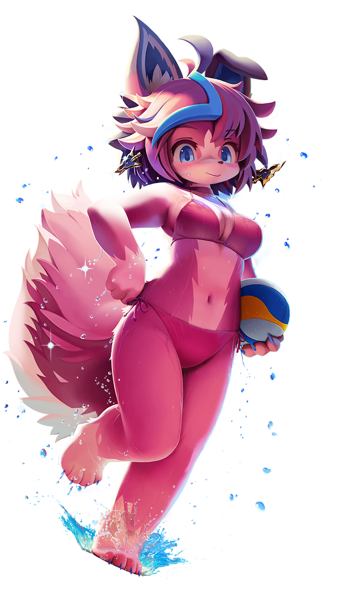 4_fingers 4_toes alpha_channel anthro ball beach_ball bikini biped blue_eyes blue_hair breasts canid canine cleavage clothed clothing female fingers full_bokko_heroes_x fullbokko_heroes fur hair hi_res jabberwock_(full_bokko_heroes_x) jabberwock_(fullbokko_heroes) kemono lyc mammal navel on_one_leg pink_body pink_hair simple_background smile solo standing swimwear toes transparent_background video_games water