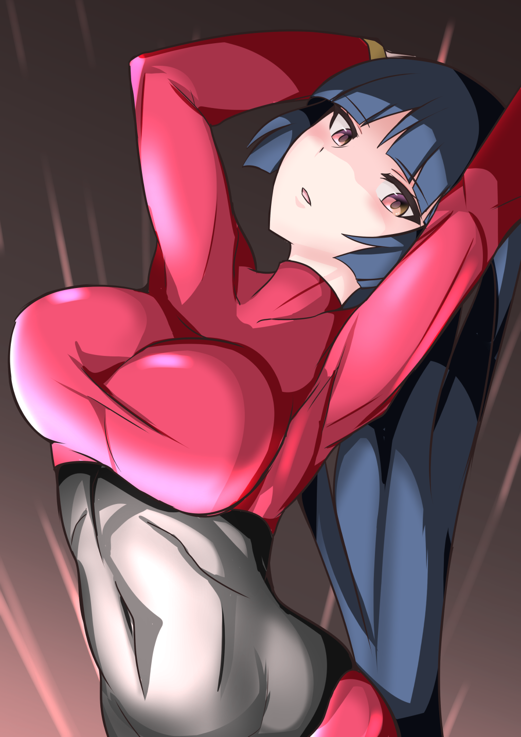 blue_hair bodysuit breasts highres large_breasts natsume_(pokemon) open_mouth pokemon red_eyes skin_tight sumida_kichi