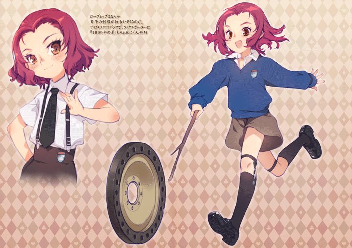 1girl adapted_costume argyle argyle_background black_footwear black_legwear black_neckwear blue_sweater bow bowtie brown_shorts closed_mouth commentary_request cropped_torso dress_shirt garter_straps girls_und_panzer hand_on_hip head_tilt holding_stick hoop_rolling kneehighs konishi_hiroshi loafers looking_at_viewer open_mouth rosehip_(girls_und_panzer) running school_uniform shirt shoes shorts smile st._gloriana's_school_uniform standing stick suspenders sweater thigh_strap v-neck wheel white_shirt wing_collar younger