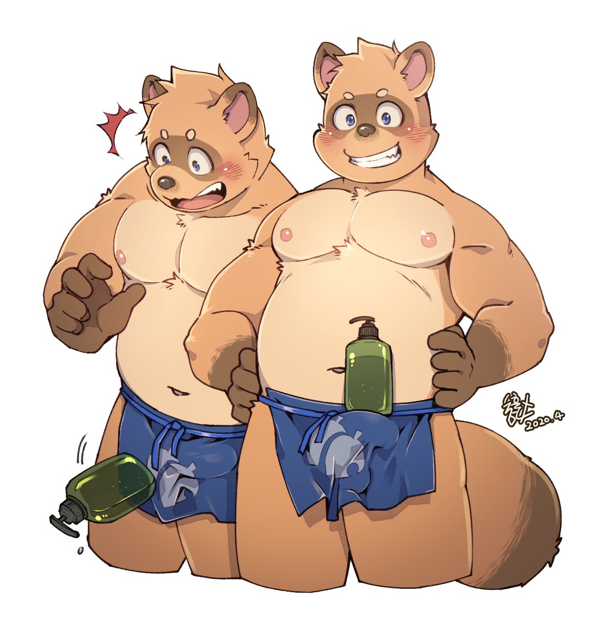 2020 animal_crossing anthro apron belly blue_eyes blush brown_body brown_fur bulge canid canine clothing duo erection erection_under_clothing fur genital_outline hi_res humanoid_hands m_ikky male mammal moobs navel nintendo nipples penis_outline raccoon_dog shampoo_challenge simple_background slightly_chubby tanuki timmy_nook tommy_nook video_games white_background