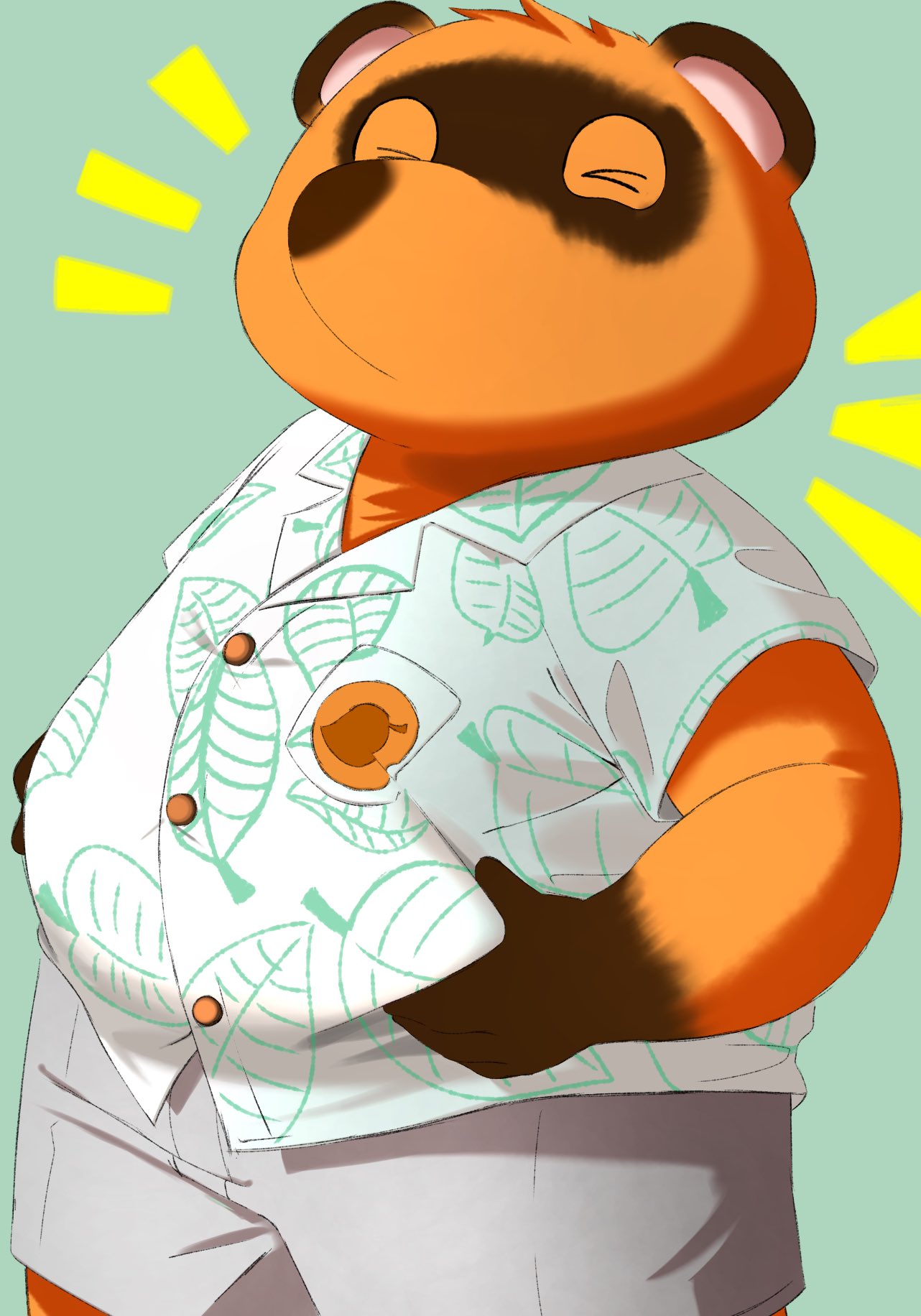 2020 animal_crossing anthro belly bottomwear brown_body brown_fur canid canine clothing eyes_closed fur hi_res humanoid_hands kemono male mammal nintendo overweight overweight_male raccoon_dog shirt shorts simple_background solo tanuki tom_nook_(animal_crossing) topwear trail_arnak video_games