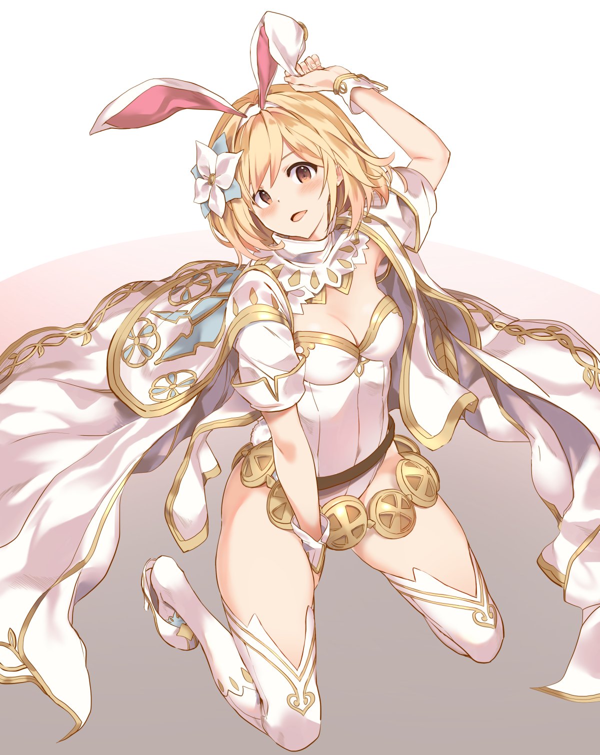 1girl :d animal_ears armpits bangs belt between_legs blonde_hair blush breasts bunny_ears bunnysuit cleavage detached_collar djeeta_(granblue_fantasy) fake_animal_ears flower full_body granblue_fantasy hair_flower hair_ornament hairband hand_between_legs head_tilt high_heels highres kneeling leotard looking_at_viewer maechuu medium_breasts open_clothes open_mouth red_eyes short_hair short_sleeves smile solo strapless strapless_leotard thighhighs white_flower white_footwear white_hairband white_legwear white_leotard wrist_cuffs