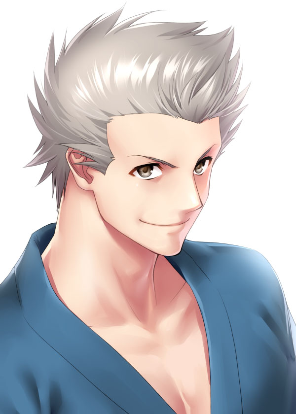 1boy commentary_request dougi grey_eyes japanese_clothes little_busters! looking_at_viewer male_focus miyazawa_kengo silver_hair simple_background smile solo spiked_hair upper_body white_background zen