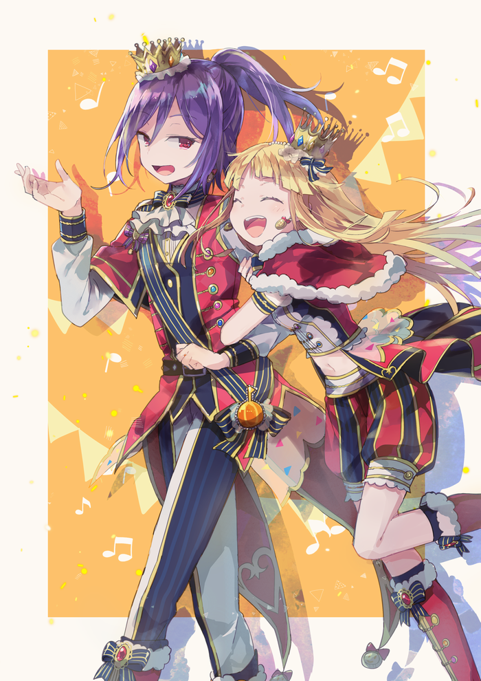 2girls :d ^_^ arm_hug ascot bang_dream! bangs belt blonde_hair boots bow brooch capelet clenched_hand closed_eyes crown earrings fur-trimmed_capelet fur_trim hand_up jewelry long_hair midriff multiple_girls musical_note navel open_mouth orange_background oto_(rozeko) pants ponytail purple_eyes red_capelet red_eyes red_footwear ribbon sash seta_kaoru shorts sidelocks smile standing standing_on_one_leg string_of_flags striped striped_bow striped_pants striped_ribbon striped_shorts tsurumaki_kokoro walking white_neckwear