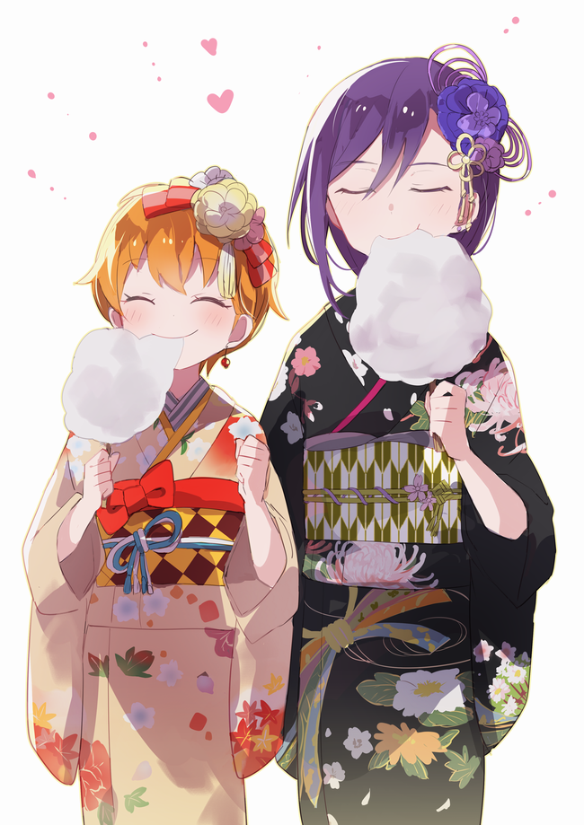 2girls ^_^ bang_dream! black_kimono blonde_hair blue_flower bow checkered_obi clenched_hand closed_eyes cotton_candy earrings eating floral_print flower food hair_bow hair_ornament heart holding holding_food japanese_clothes jewelry kanzashi kimono kitazawa_hagumi multiple_girls obi oto_(rozeko) purple_hair red_bow sash seta_kaoru short_hair smile tassel white_background yellow_flower yellow_kimono