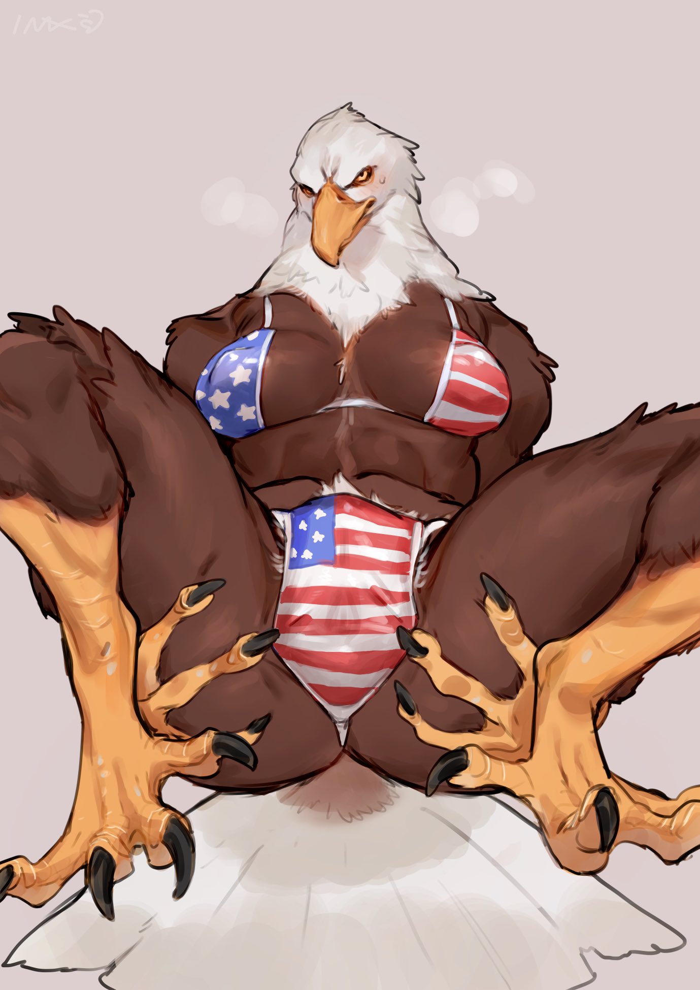 accipitrid accipitriform anthro avian barely_visible_genitalia bebebebebe bikini bird blush bodily_fluids brown_body brown_feathers camel_toe claws clothing eagle feathers female flag_bikini genitals hi_res looking_at_viewer pubes scales simple_background solo spread_eagle spreading steam sweat swimwear tail_feathers united_states_of_america us_flag white_body white_feathers yellow_eyes